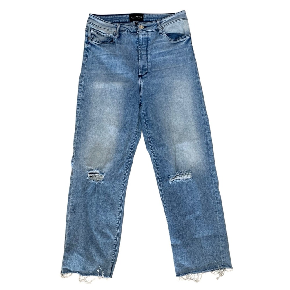 Black Orchid Marisa Relaxed Straight Jeans 30 High Rise Distressed Frayed Hem
